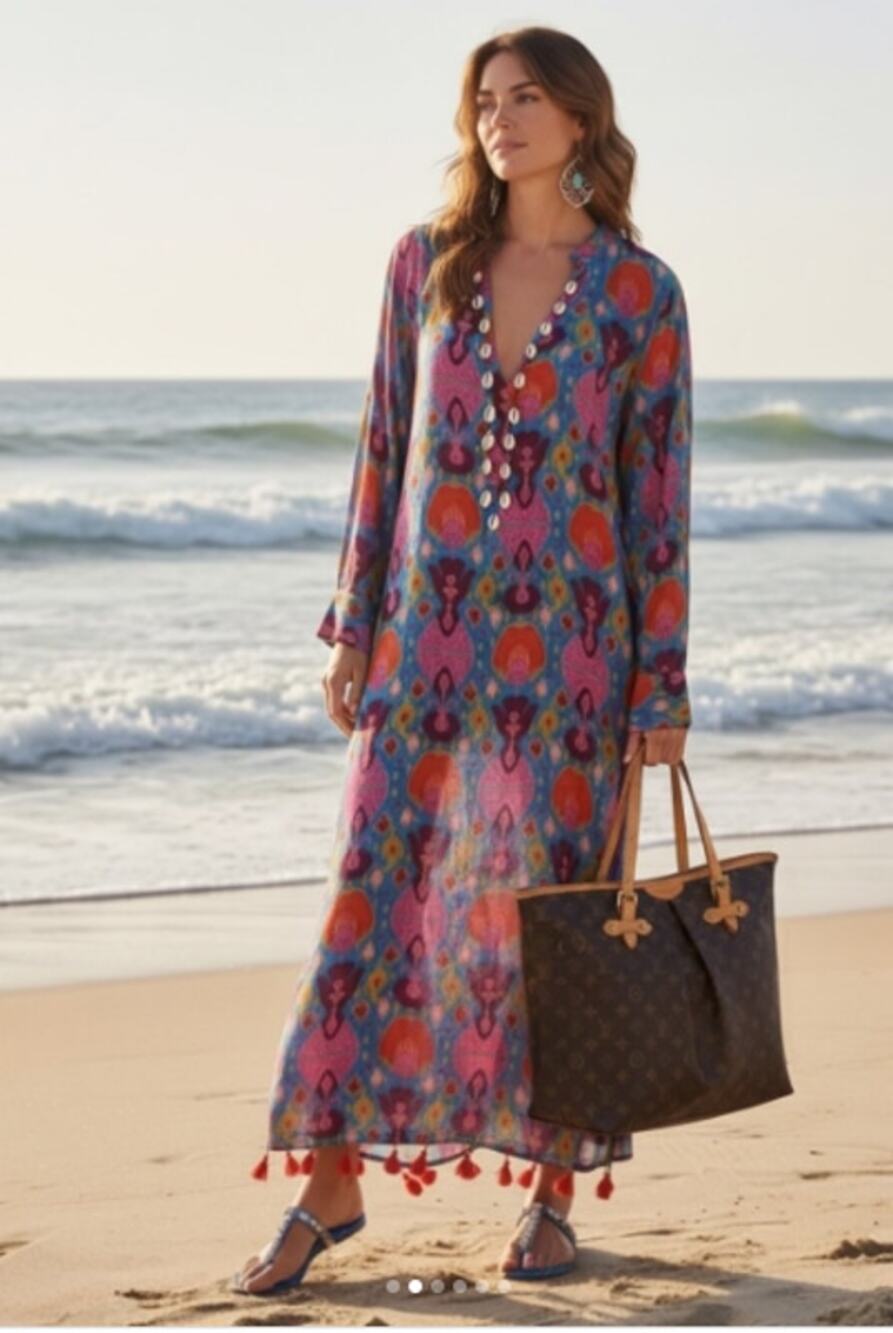 Figue Paolina Shell Embellished Caftan Tassel Dress Multi Size XS